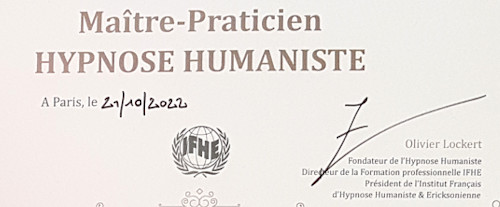 extrait du diplome de MP Hypnose Humaniste